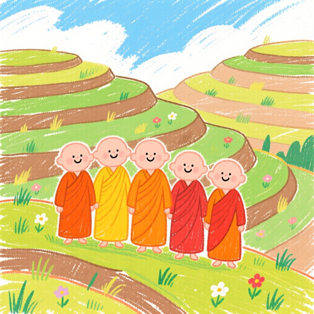A group of monks set against a backdrop of terraced hills.