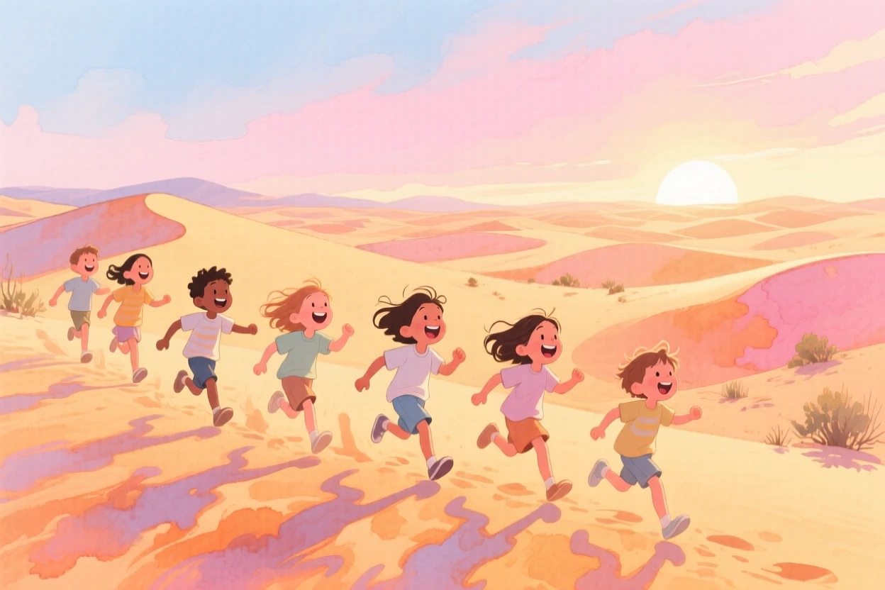 Children run laughing through the scene amid the golden dunes of the Sahara at sunrise, inspiring a dream of far-off horizons.