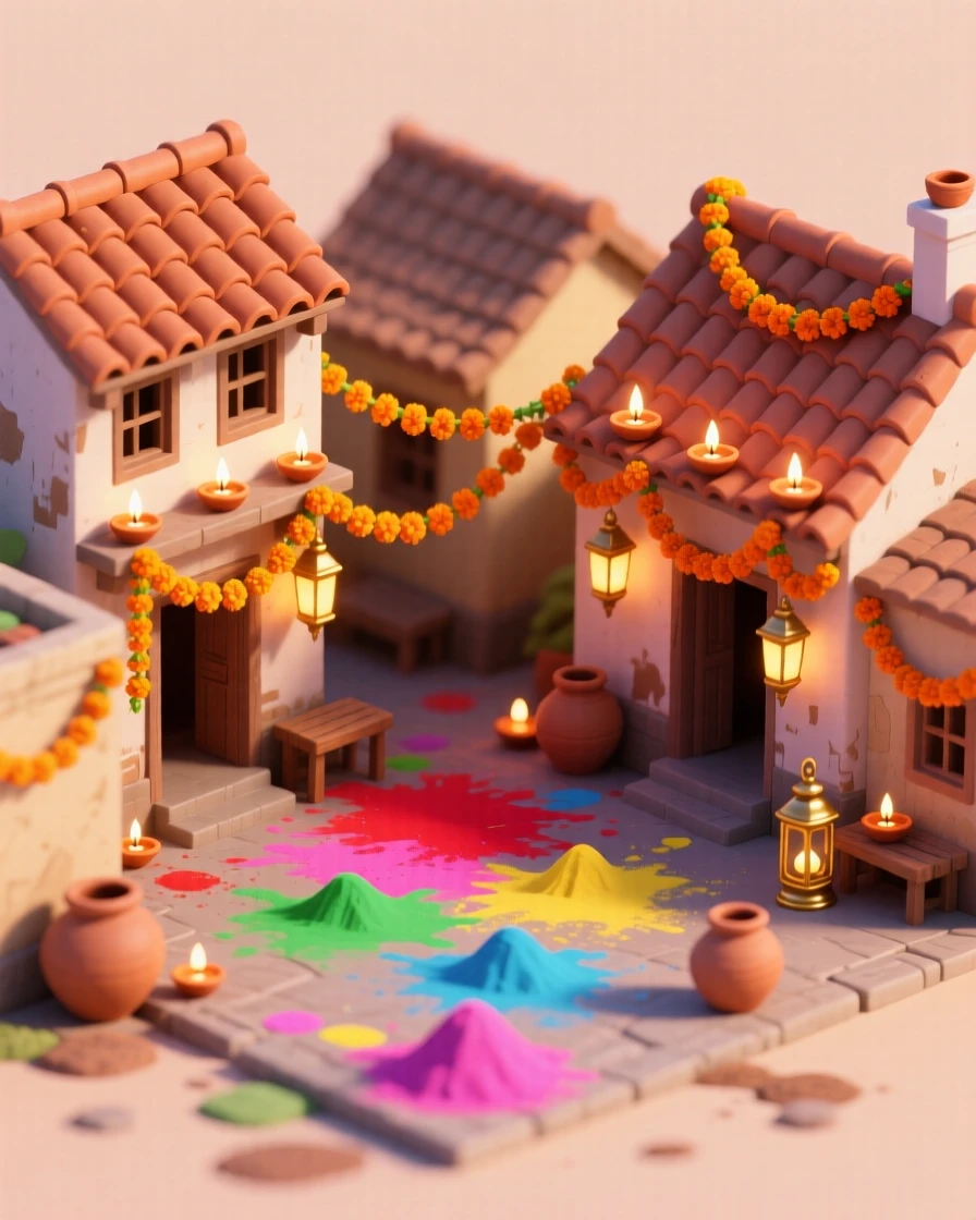 A miniature Indian village during a festival, with strings of marigold flowers, oil lamps lining rooftops, and colorful powder scattered across the courtyard.