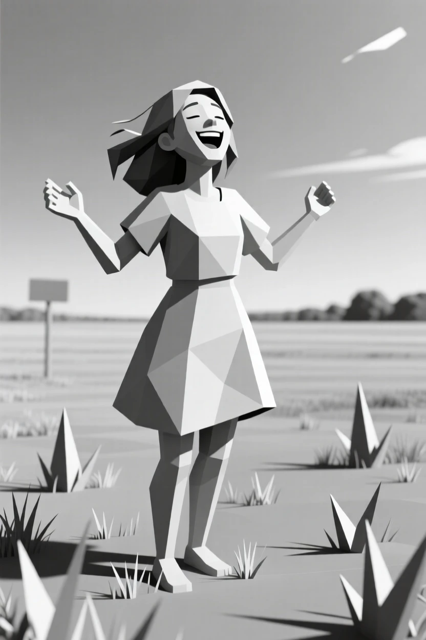 A young woman laughing joyfully in the wind, in a quiet, sunlit meadow. natural light enhances the authenticity of the scene. It captures a feeling of quiet triumph.
