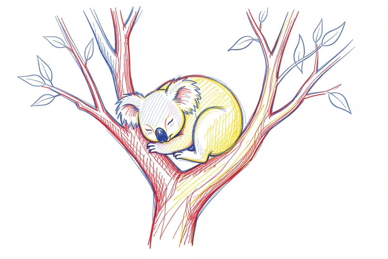A koala curled asleep in the fork of a eucalyptus tree