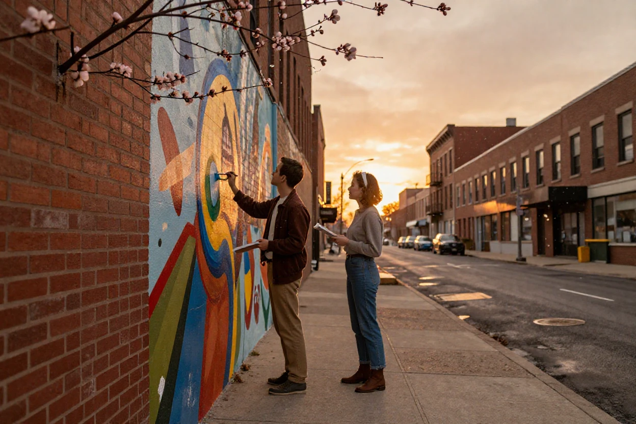 Two friends painting a mural together on a city wall, under a glowing sunset sky, amid gently falling snow, as spring blossoms unfurl, dominated by warm amber and rust tones, framed symmetrically down a long corridor.
