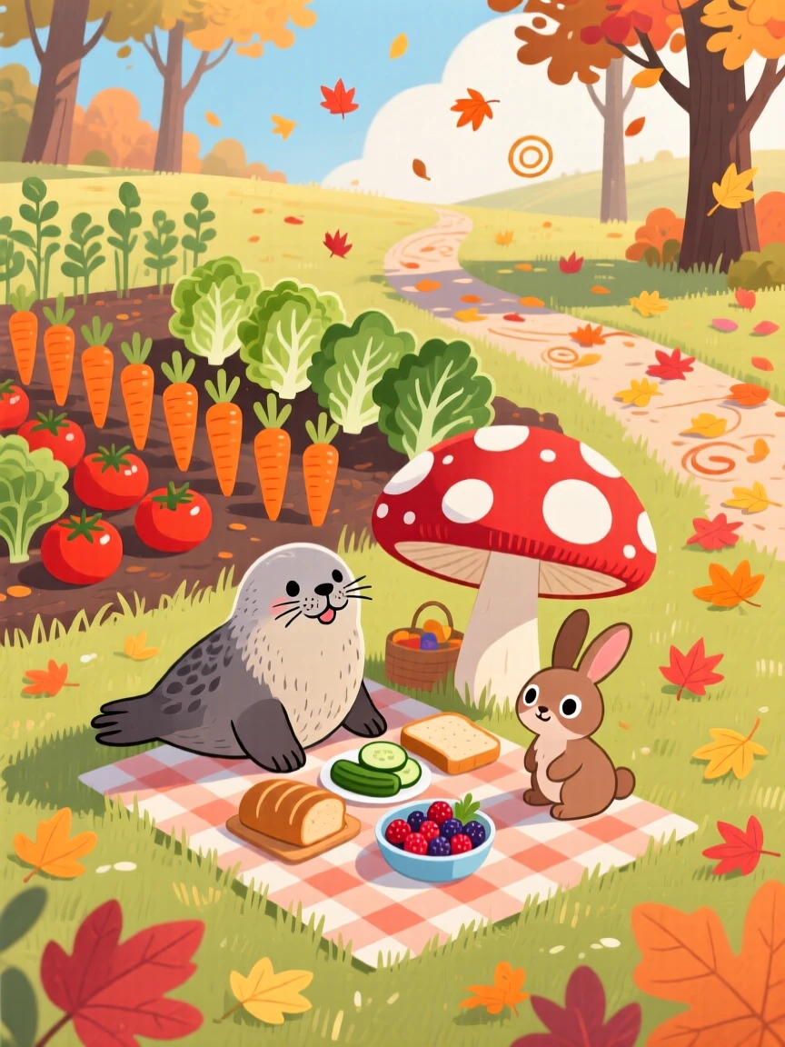 Near a tidy vegetable garden, a whiskered seal pup is having a picnic under a toadstool alongside a small woodland friend, with a trail of fallen leaves swirling around.