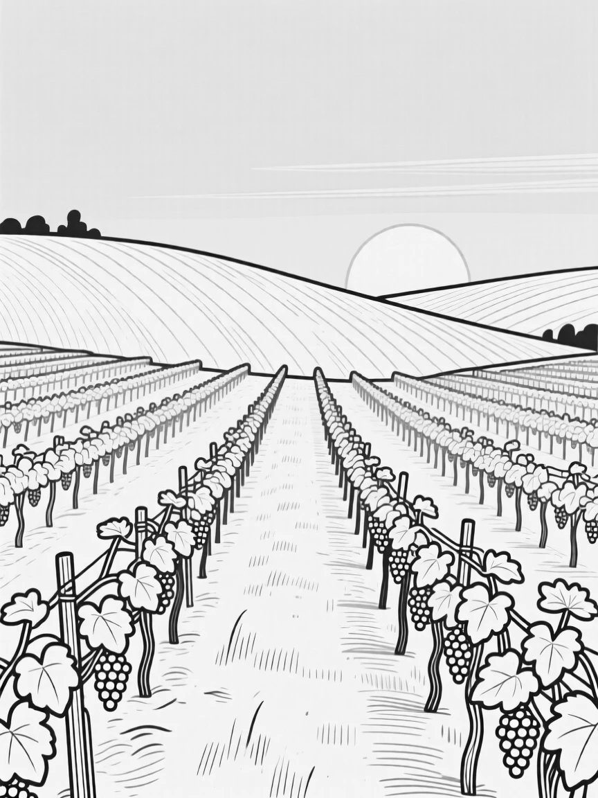 A rolling vineyard with rows of grapevines under a golden sky