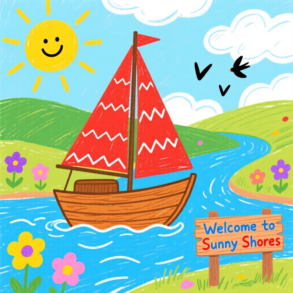 A classic wooden sailboat driving through a sunny countryside.