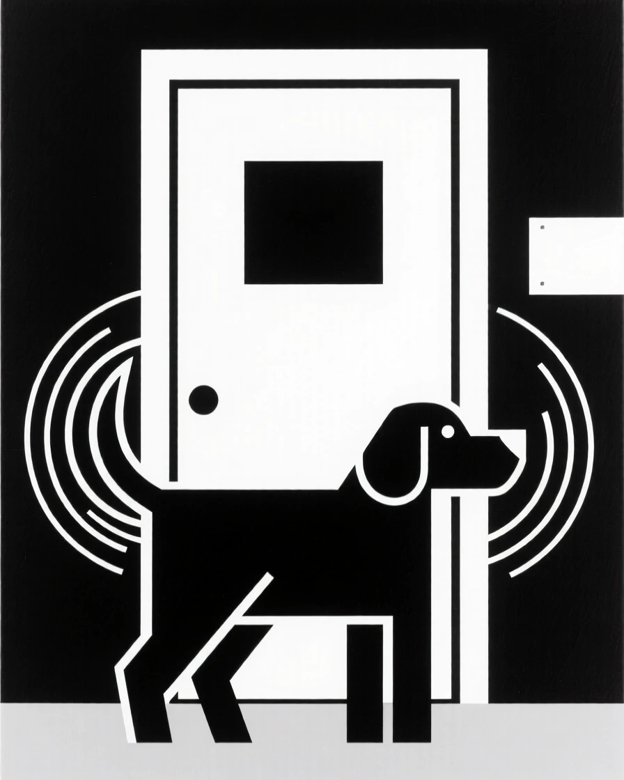 A dog wagging its tail at the front door