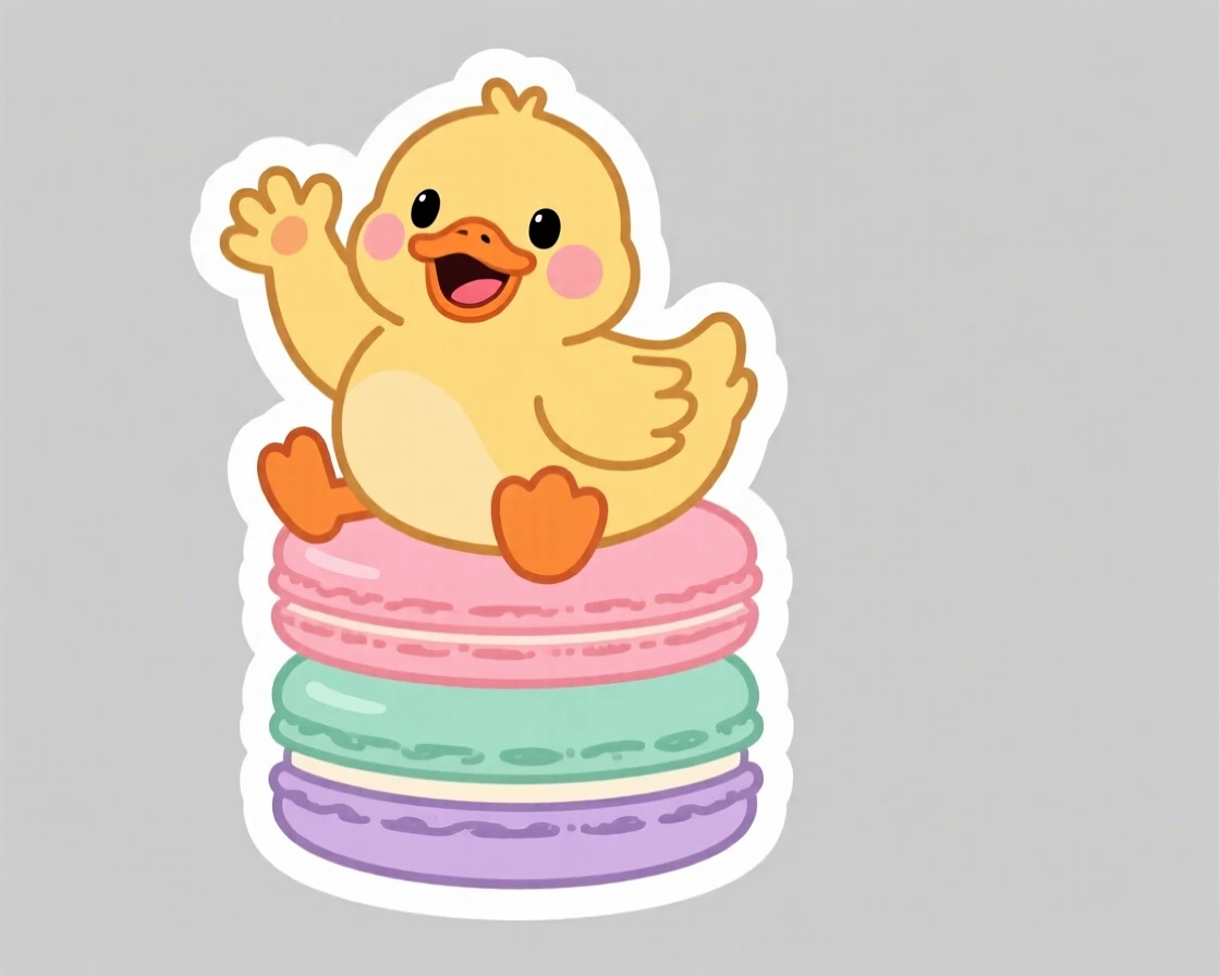 A giggling wobbly baby duckling waving both paws happily, on top of a stack of pastel macarons.