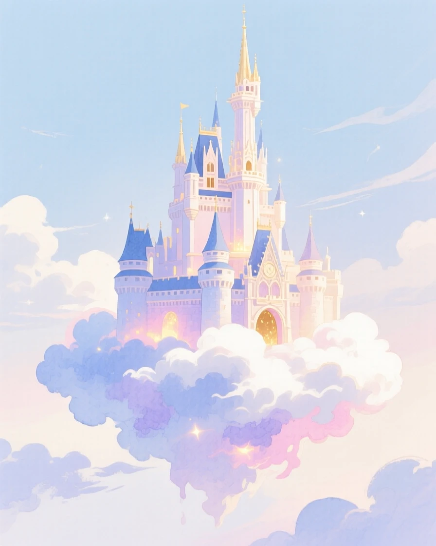 A dreamlike scene of a cloud castle, glowing softly with magical light, inviting quiet wonder and imagination