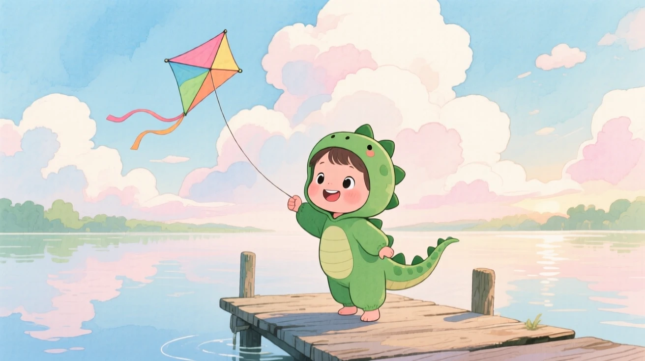 A toddler in a dinosaur costume flying a kite that dances against fluffy clouds, in a lakeside dock at early morning, capturing the pure joy of childhood wonder.