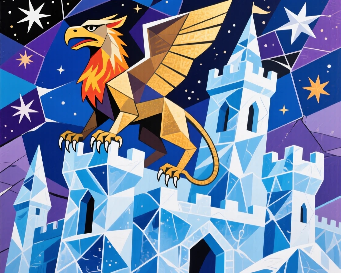 A magical scene of a starlit griffin atop a castle carved from glacial ice.