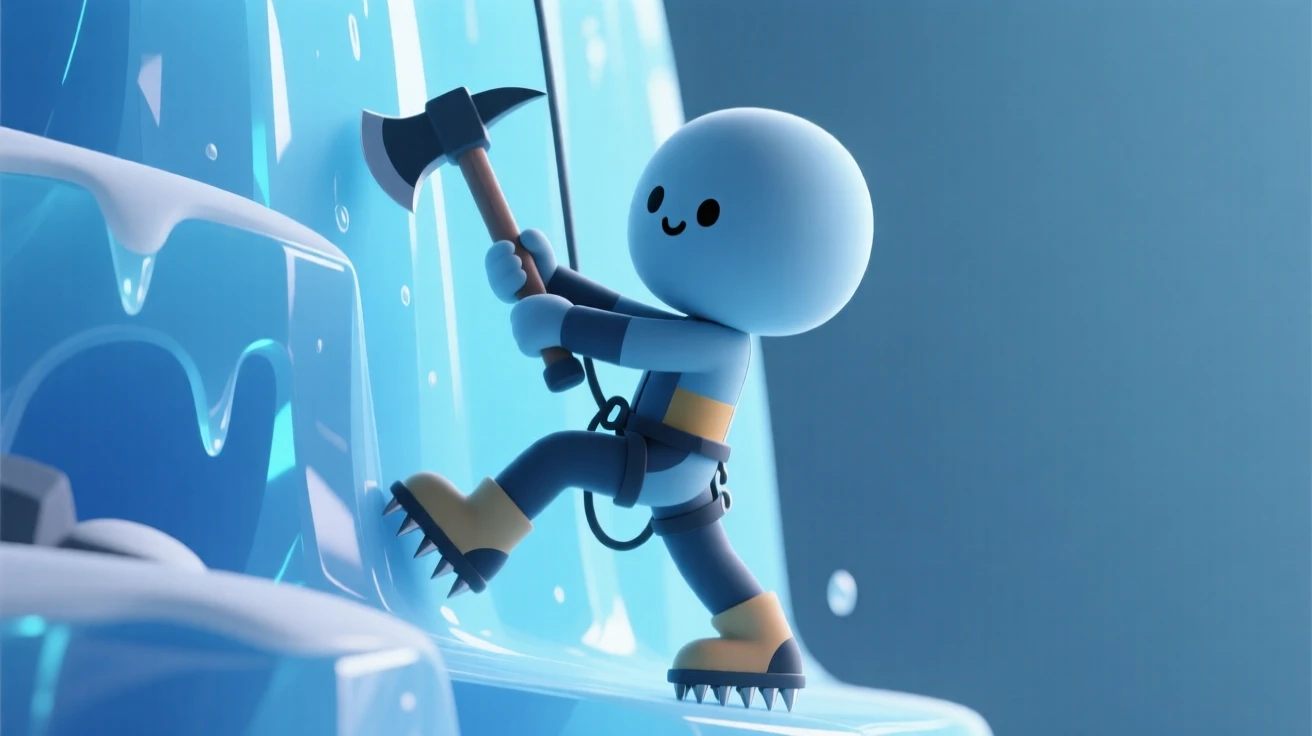 A determined ice climber swings an axe into a frozen waterfall, crampons gripping the glittering blue ice.