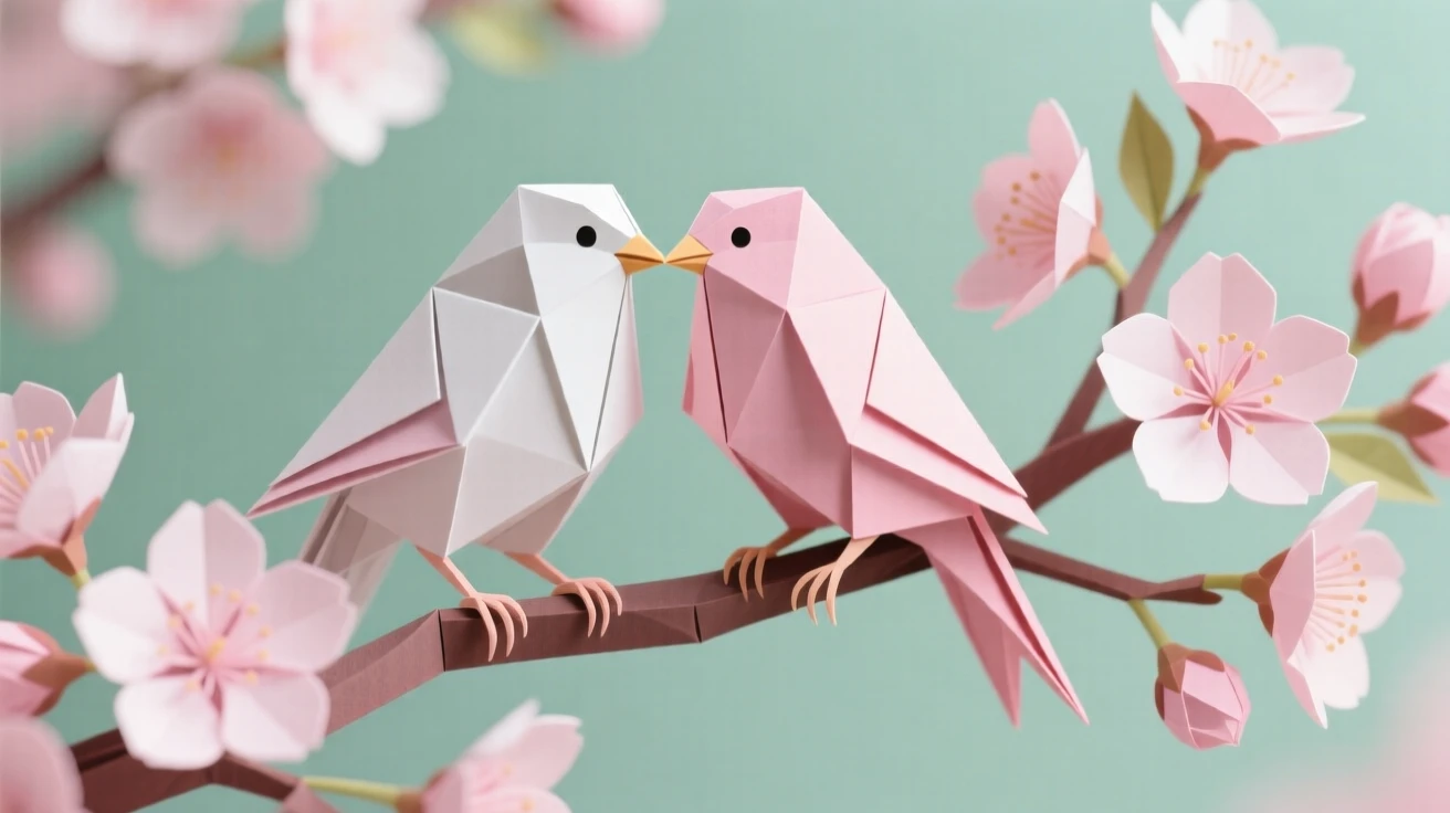 A pair of lovebirds perched together on a blossoming cherry branch, beaks nearly touching.