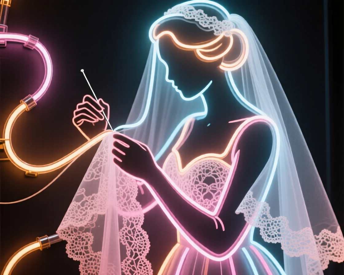 A seamstress hand-stitching lace onto a wedding veil.