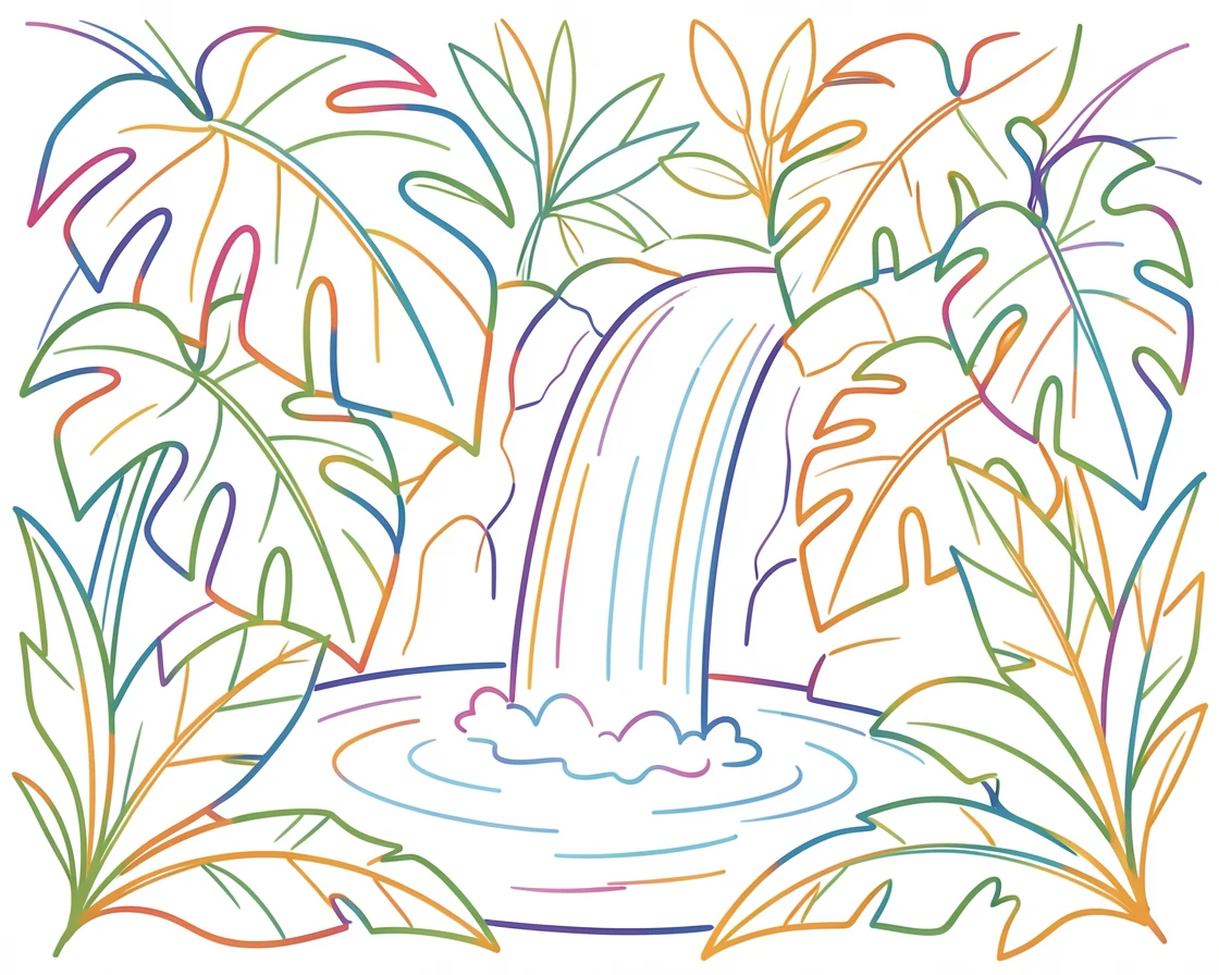 A hidden waterfall pouring into a jungle pool surrounded by giant leaves.