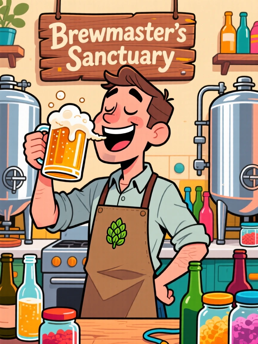 An everyday-life snapshot of a determined home brewer sampling a mug of beer with an exaggerated look of satisfaction.