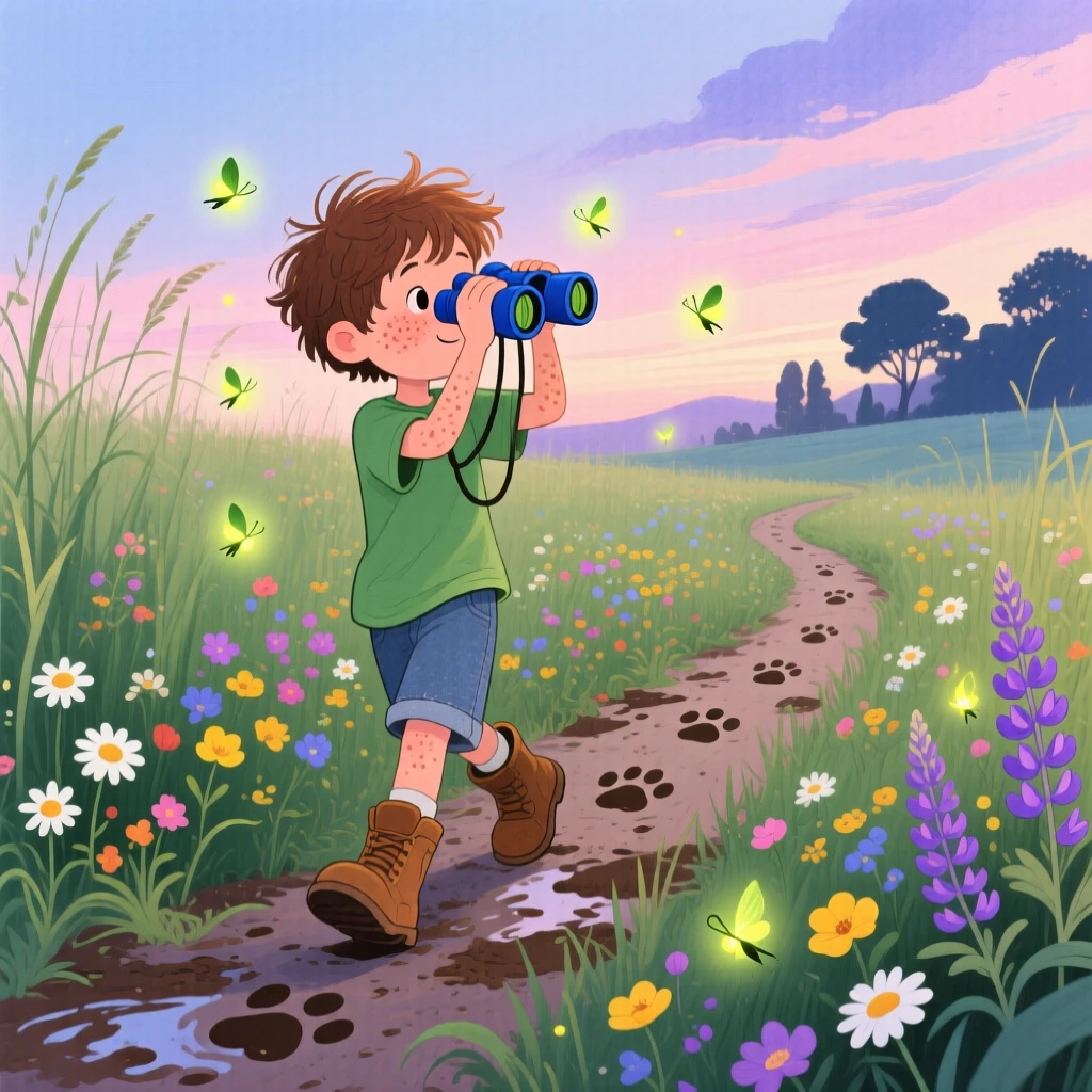 A boy with binoculars spends the day following a trail of paw prints in the mud through a wildflower meadow, as fireflies begin to appear at dusk.