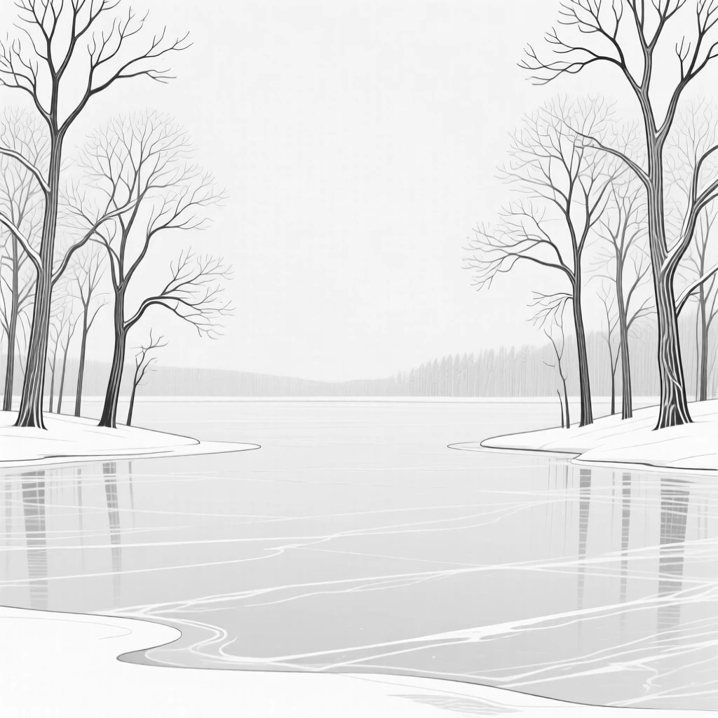 A frozen lake surrounded by leafless winter trees