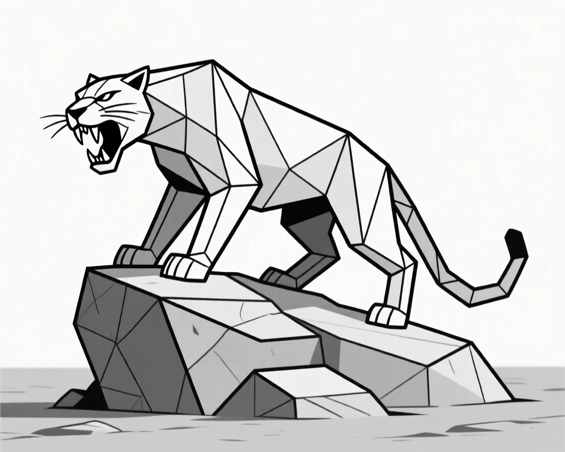 A saber-toothed cat crouched on a rocky outcrop