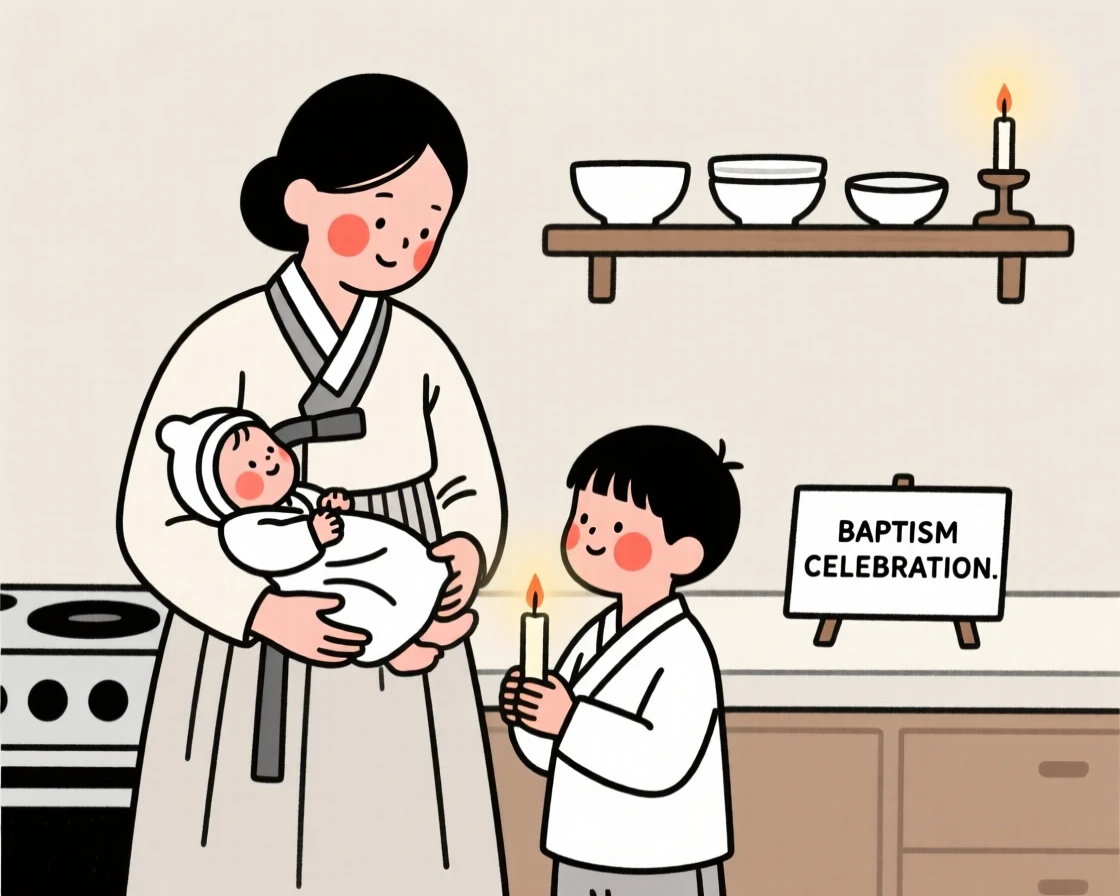 A mother and her children of Korean heritage celebrating a baptism, in a cozy candlelit kitchen.