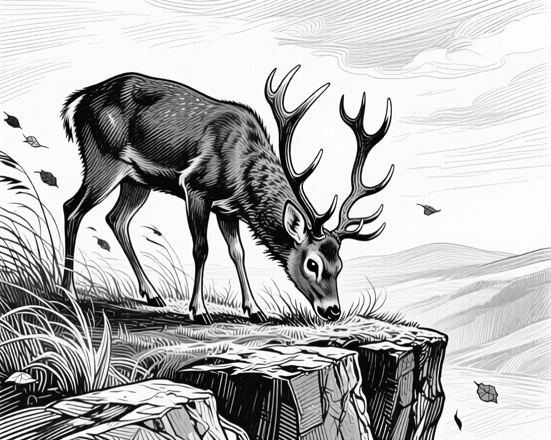A grazing deer on a windswept cliff, eyes alert and watchful, capturing a fierce yet graceful moment in nature with a strong, centered focal point.