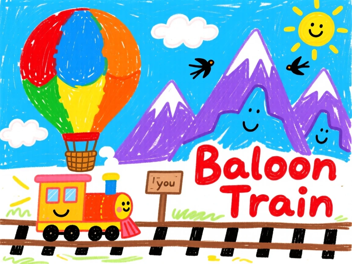 A colorful hot air balloon chugging along tracks beside a mountain range.