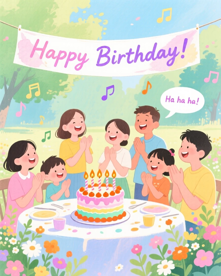 A joyful scene of a birthday party in the garden, with music and laughter filling the air, capturing the warmth of the celebration