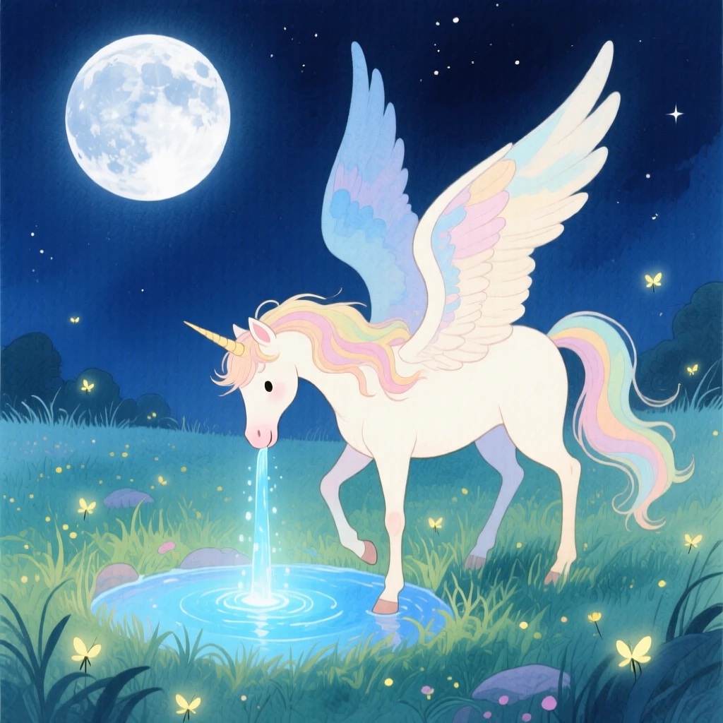 A majestic pegasus drinking from a magical spring that glows softly blue, in a moonlit meadow dotted with fireflies, sparking pure childlike delight.