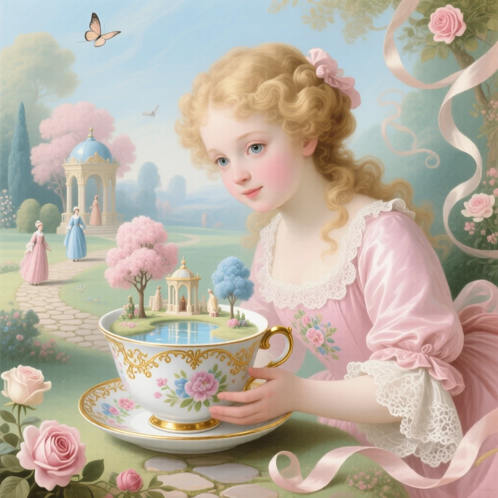 A girl discovering a tiny kingdom inside an ornate porcelain teacup  