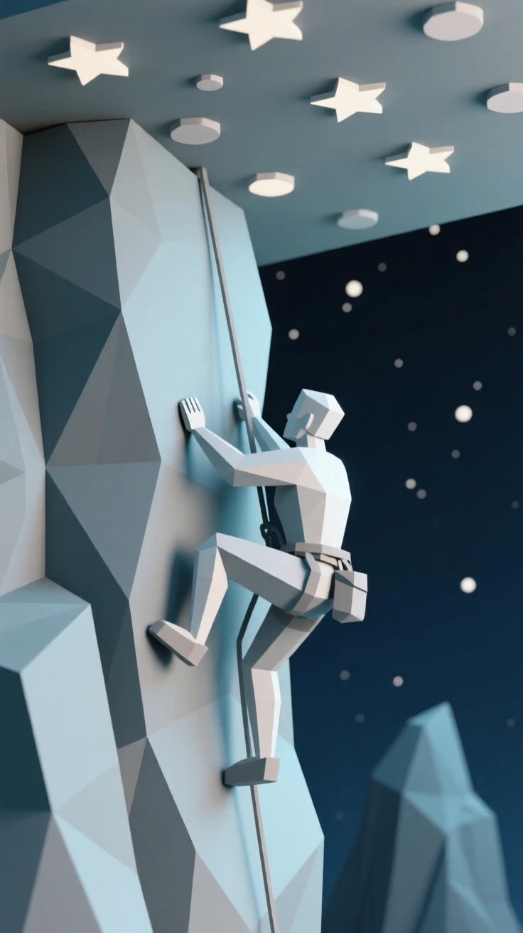 A rock climber scaling a dramatic cliff face, beneath a canopy of stars. fine details highlight skill and craftsmanship. The moment radiates confidence and joy.