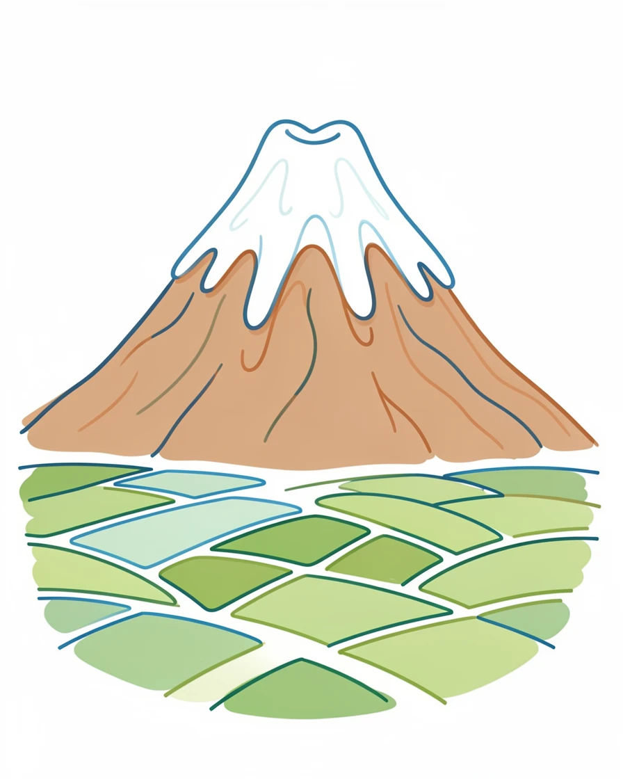 A snow-capped volcano rising above a patchwork of green farmland.