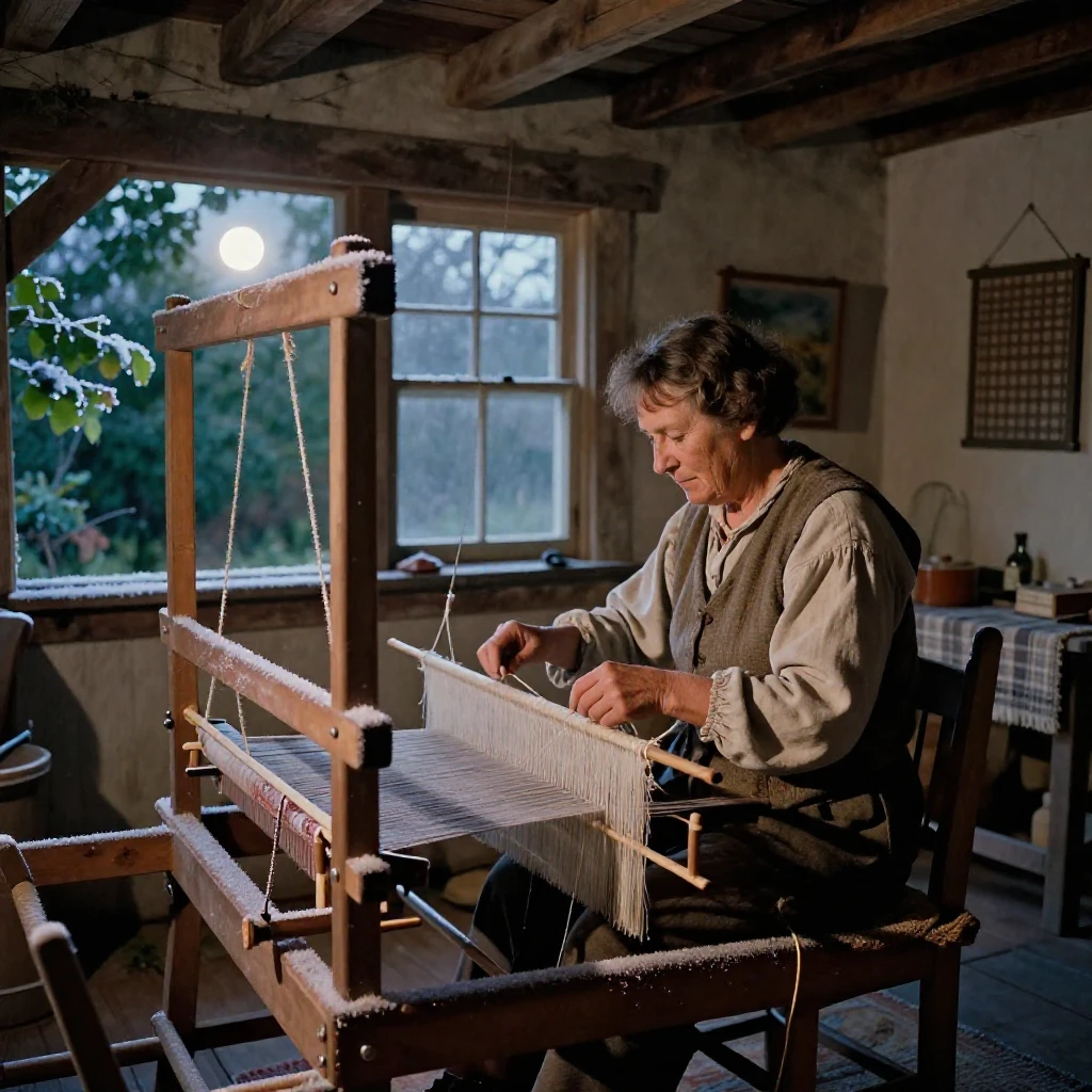 A weaver working a traditional loom in a rural cottage, under moonlight, with frost coating every surface, as summer fades into fall, with deep emerald greens and browns, from a wide establishing view.