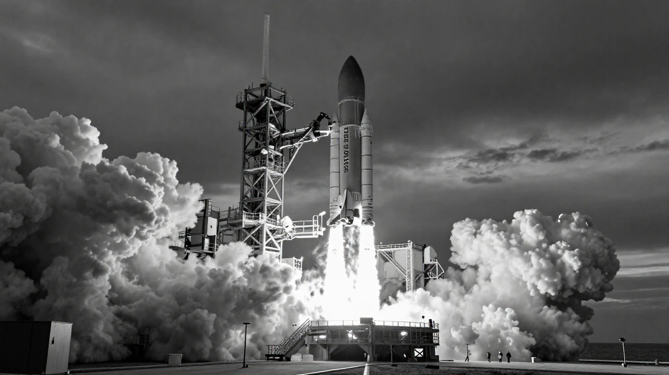 A rocket blasts off in a pillar of fire and smoke from a coastal launch pad.