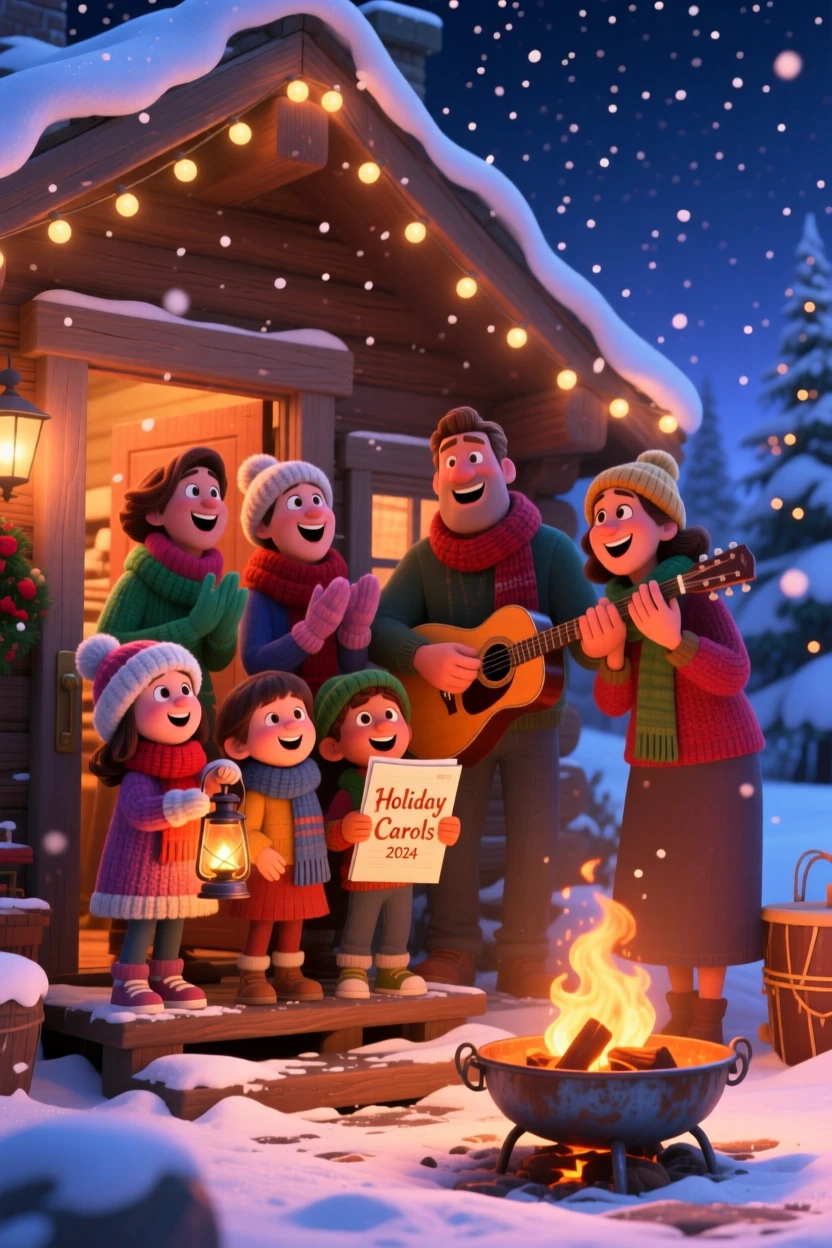 A group singing carols on a snowy doorstep happens around a crackling bonfire under a starry sky, with soft snow drifting gently down. A cozy, cheerful spirit radiates through the moment.