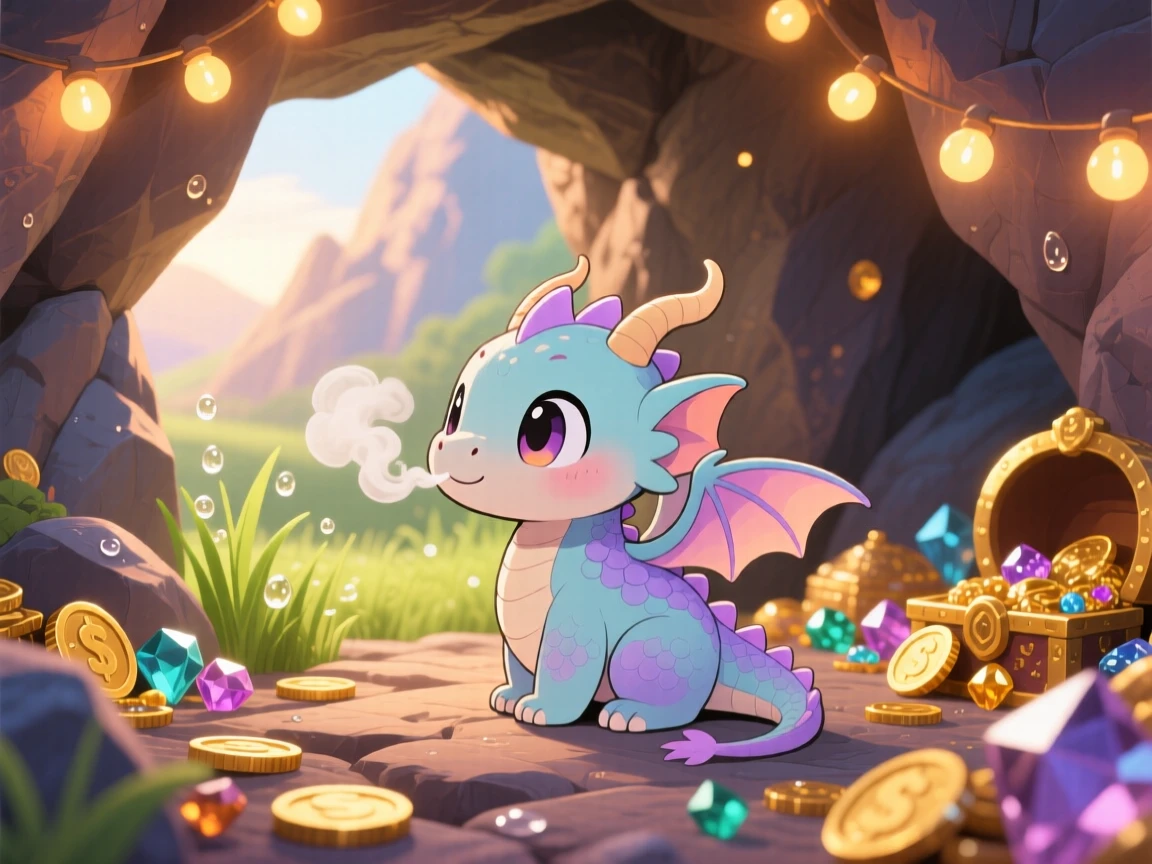 A baby dragon puffing a tiny harmless smoke ring in a treasure-filled mountain cave as morning dew glistens on the grass; glowing string lights washes over the scene as warm affection fills the moment. Over-the-shoulder view.