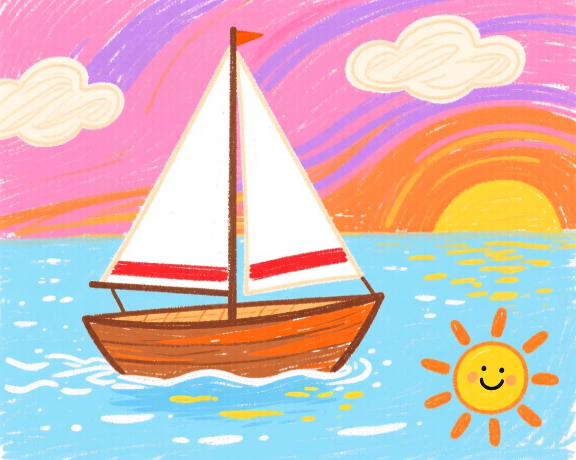 A classic wooden sailboat gliding over a quiet lake at sunset.