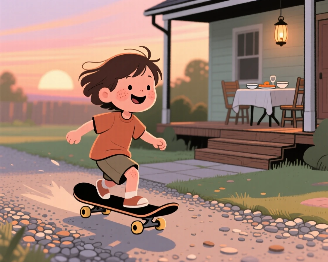 A child rides a skateboard down a gravel driveway on a warm summer evening, laughing with the wind in their hair as the clink of dinner being set out drifts from a nearby porch.