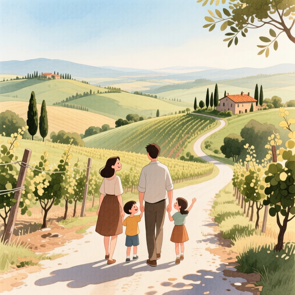 A family takes in the breathtaking view together amid a rustic vineyard road through the hills of Tuscany, inspiring a dream of far-off horizons.