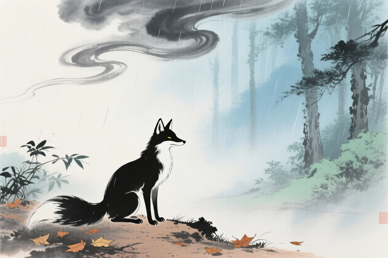 A spirit fox pausing at the edge of an enchanted misty forest, conveying a deep sense of harmony with nature, just after a rain shower, beneath low hanging clouds.