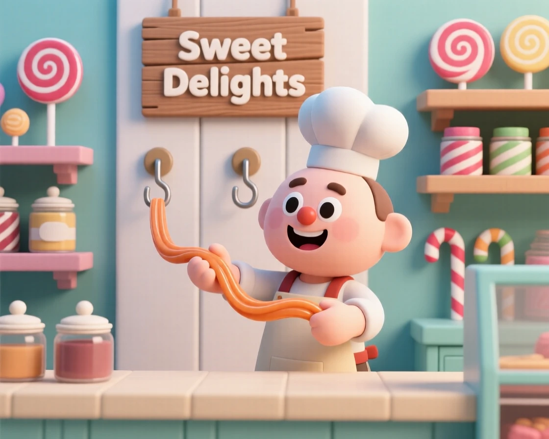 A cheerful candy maker pulls a ribbon of warm taffy on hooks inside a colorful old-fashioned sweet shop.