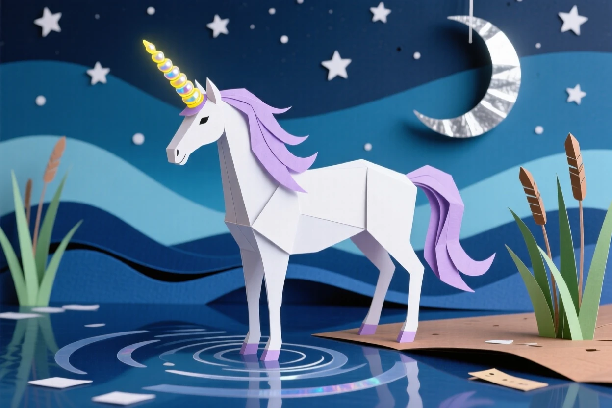A unicorn standing at the edge of a moonlit lake, its horn glowing softly, reflections rippling across the water, evoking purity and magic.