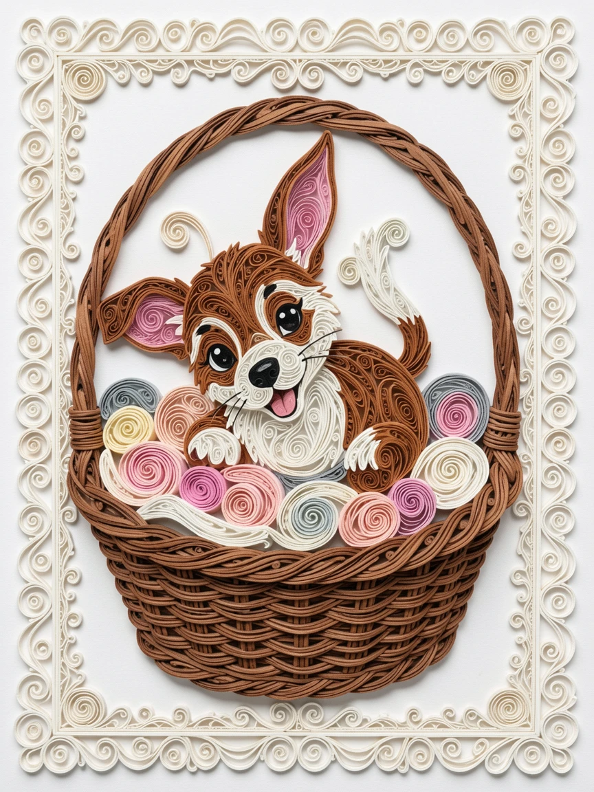 A heartwarming scene of a puppy with oversized ears tumbling over its own paws inside a wicker basket lined with soft blankets, captured mid-motion with a joyful, candid feel, with delicate lace-like texture along the edges.