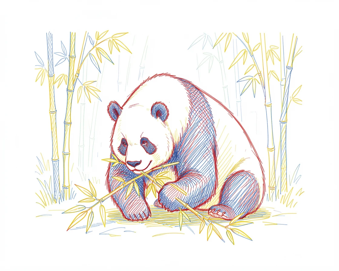 A giant panda munching bamboo in a lush green forest clearing