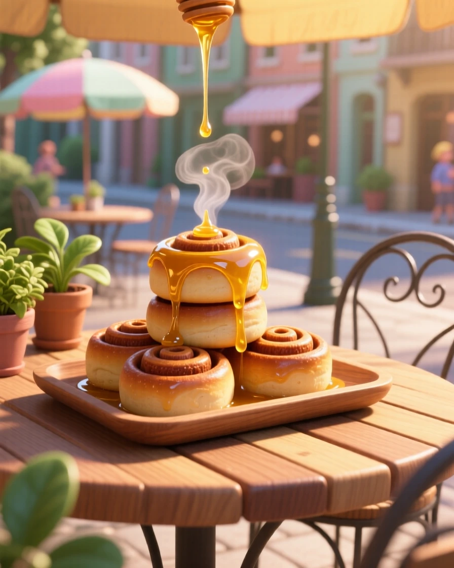 A tray of glazed cinnamon rolls sits at a sunny outdoor cafe table, with honey drizzling slowly over the top. A comforting, homey feeling fills the moment.