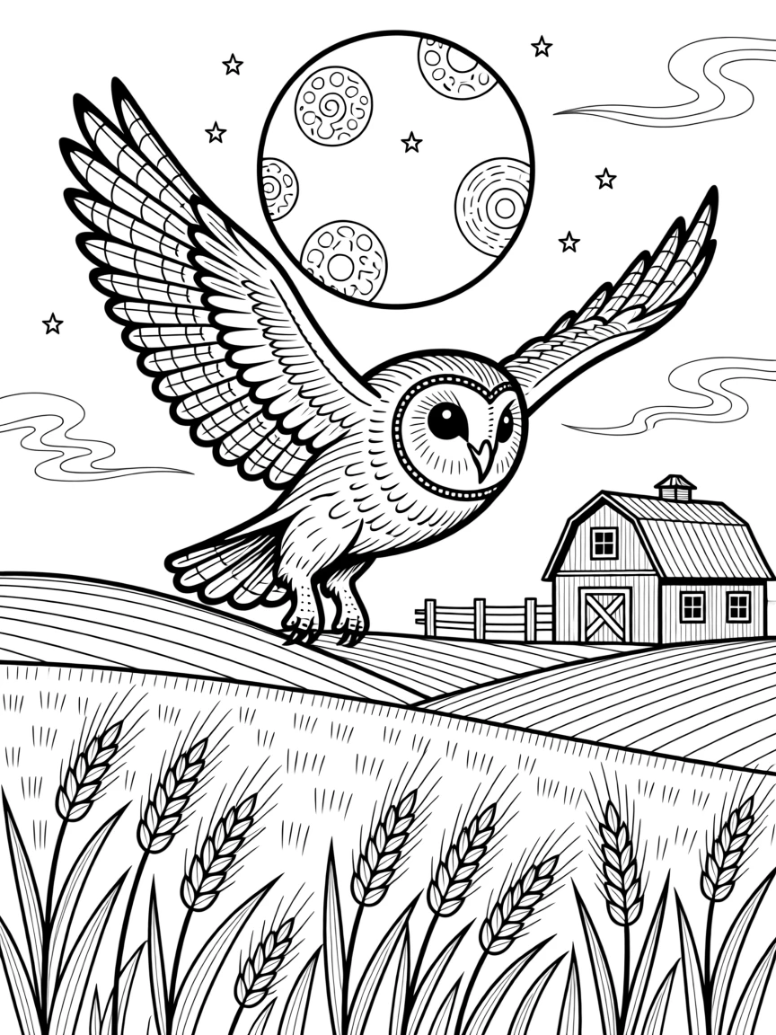 A barn owl in flight over a moonlit wheat field.