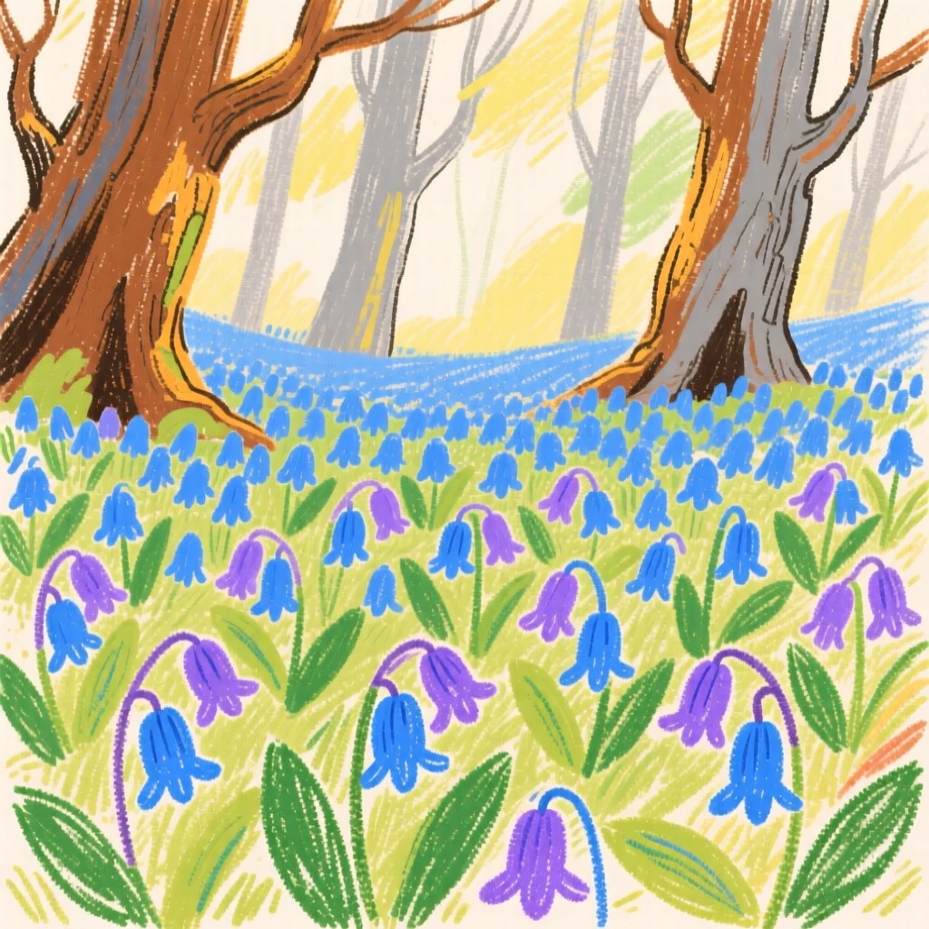 A carpet of bluebells covering the floor of an ancient forest.