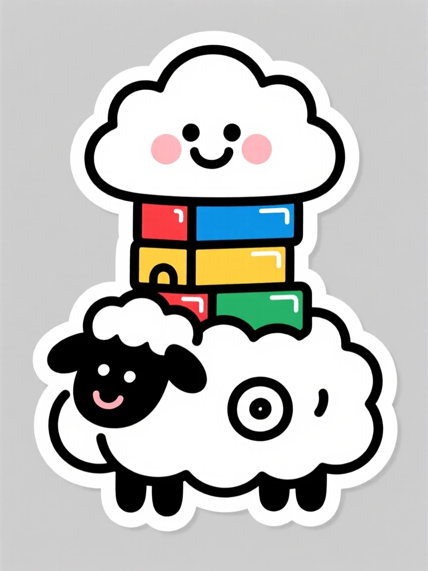 A sparkly-eyed smiling cloud creature stacking colorful building blocks, on a cloud shaped like a fluffy sheep.