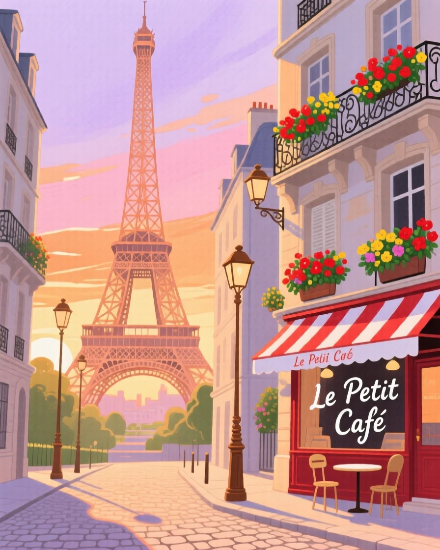 The Eiffel Tower rising above a Parisian street at sunset, glowing in warm afternoon light.