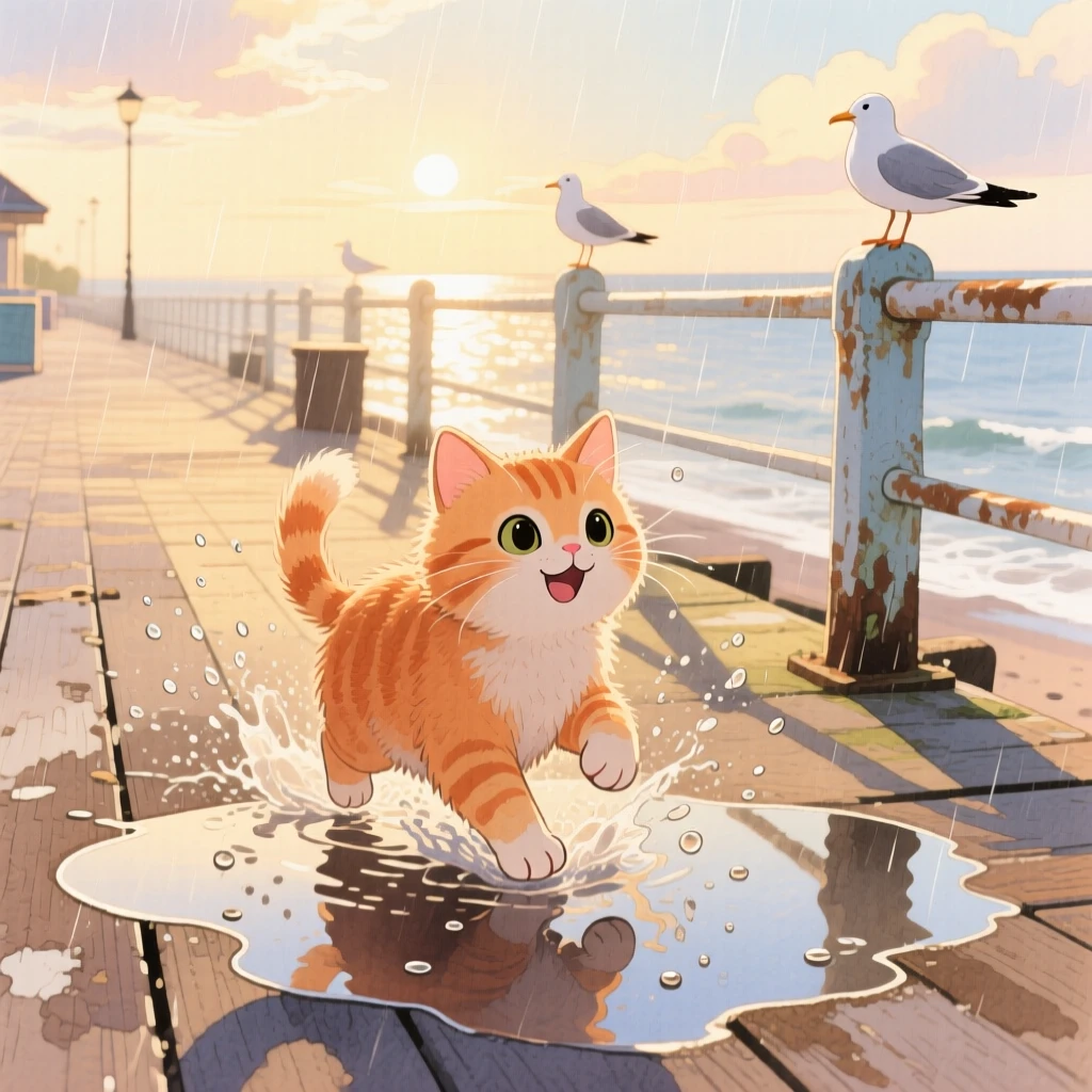 A fluffy orange kitten splashing happily in a puddle after rain, set in a seaside boardwalk at golden hour, capturing a fleeting moment of quiet contentment.