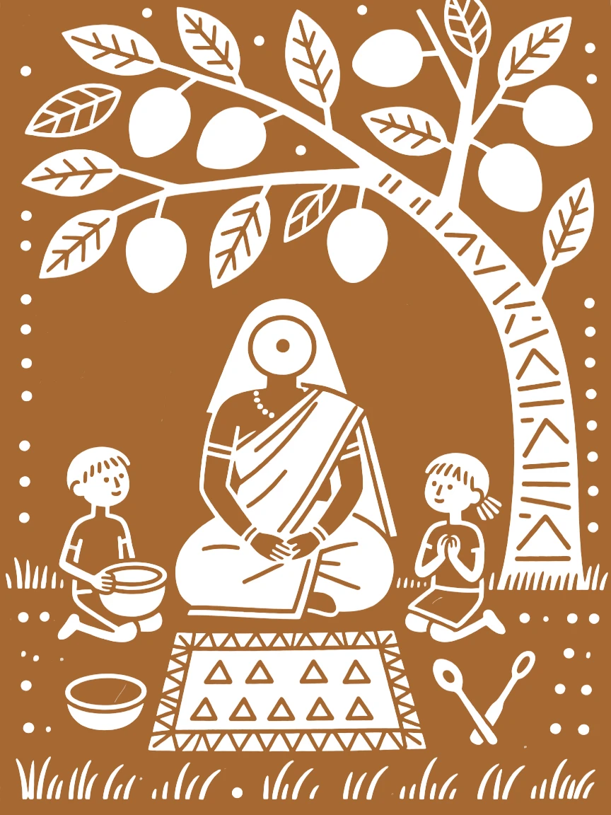 A widow and her grandchildren passing on a family recipe under the shade of a mango tree.