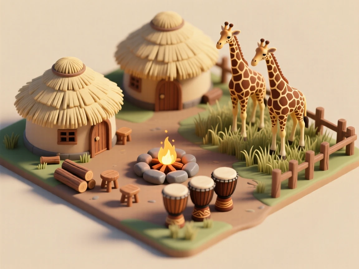 A miniature African savanna village with round thatched huts, a communal fire pit, drums resting near a gathering circle, and giraffes grazing just beyond the fence.